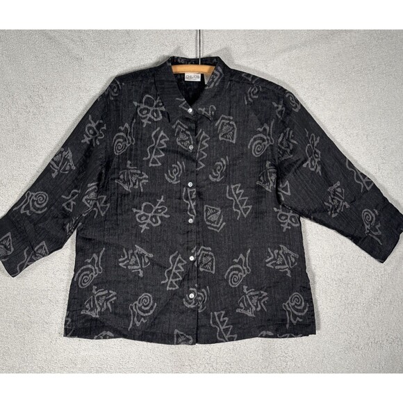 Chicos Top Women’s Size 2 (L) Black Linen Blend Artsy Boho‎ Artistic Abstract - Picture 1 of 14